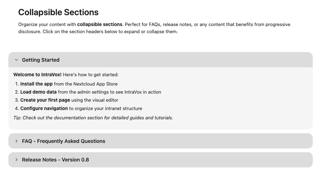 Collapsible sections in a published page