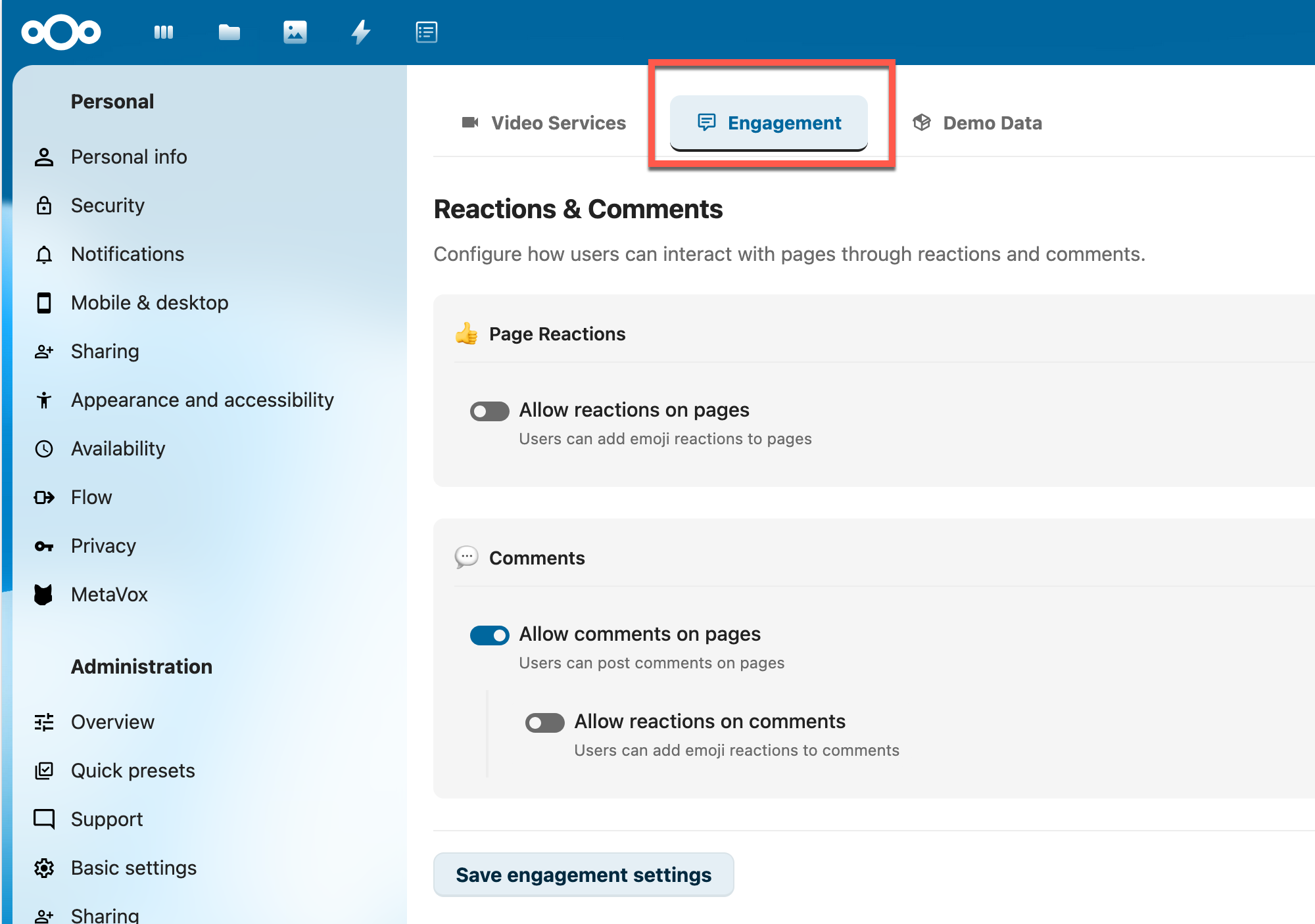 Admin engagement settings