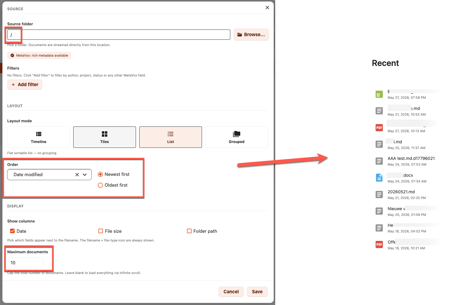 File Story Widget — Recent files configuration
