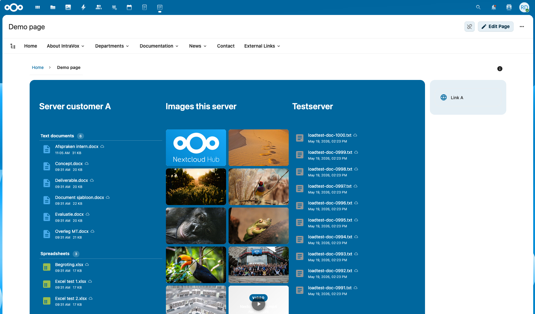 One IntraVox page rendering three File Story widgets — each sourced from a different Nextcloud server