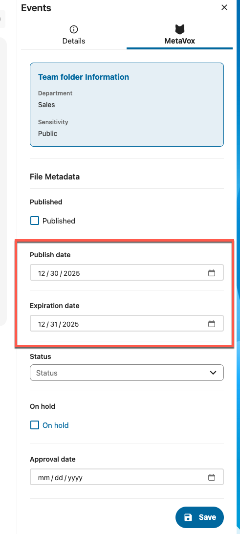 Publish and expiration dates in the MetaVox sidebar