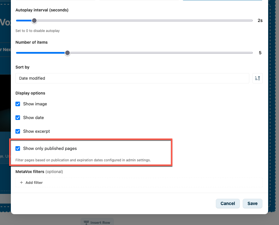 Show only published pages toggle in the News Widget editor