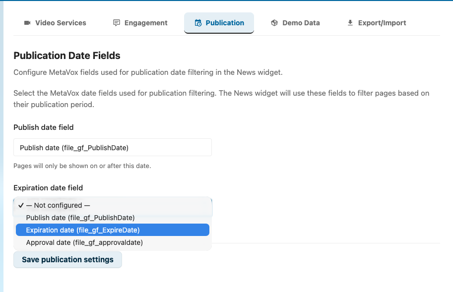 Publication tab in IntraVox admin settings