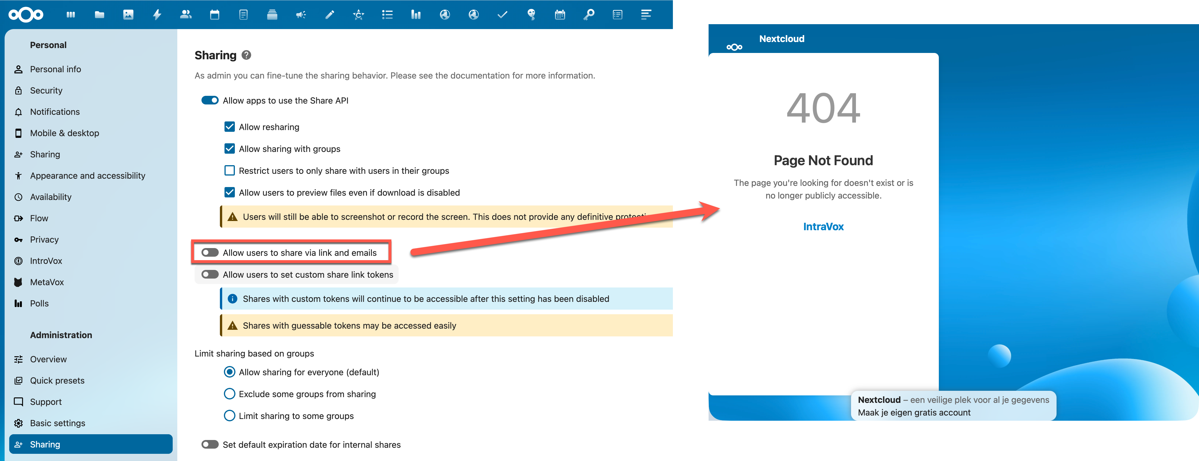 Disabled sharing results in 404