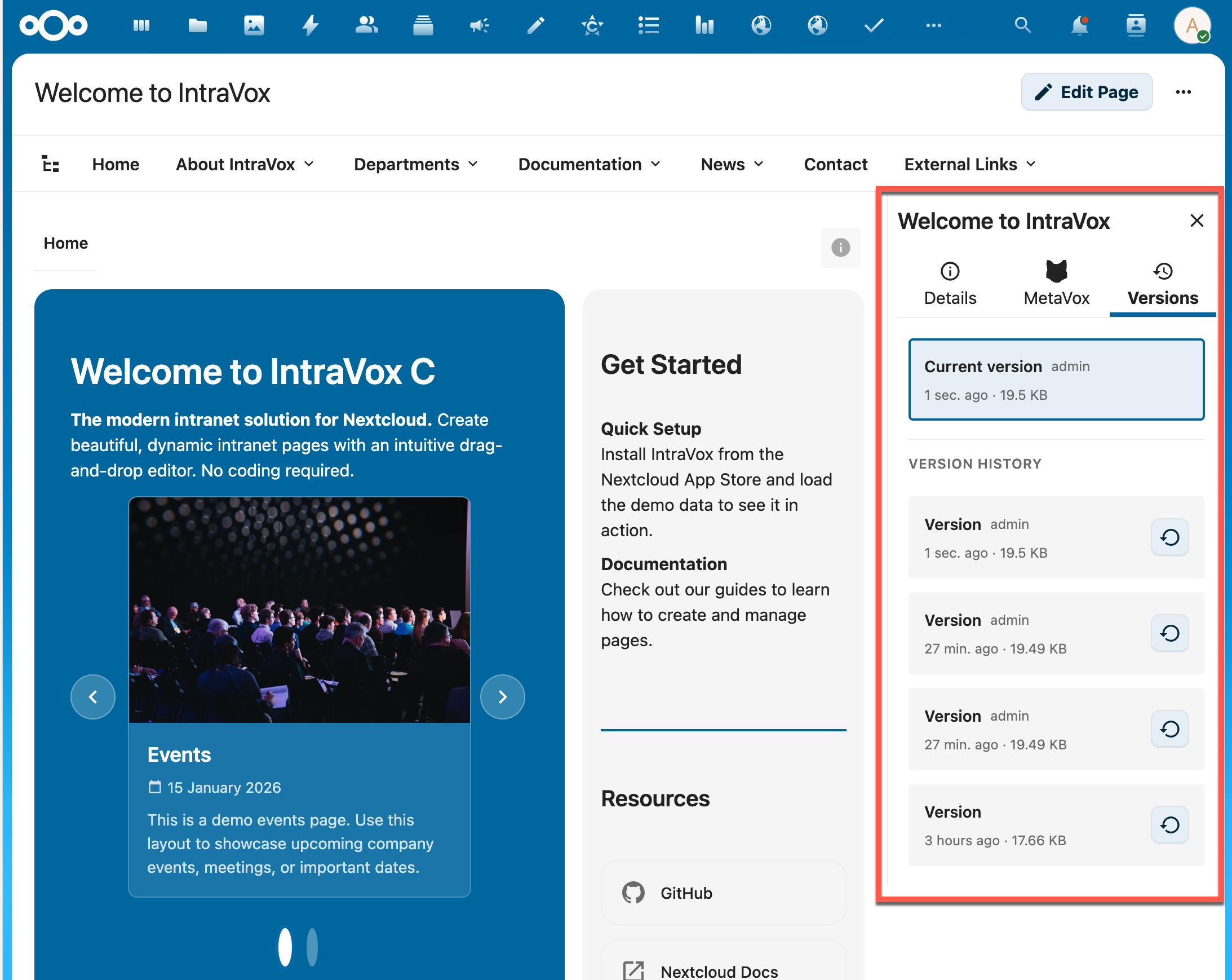 Versioning sidebar with version history