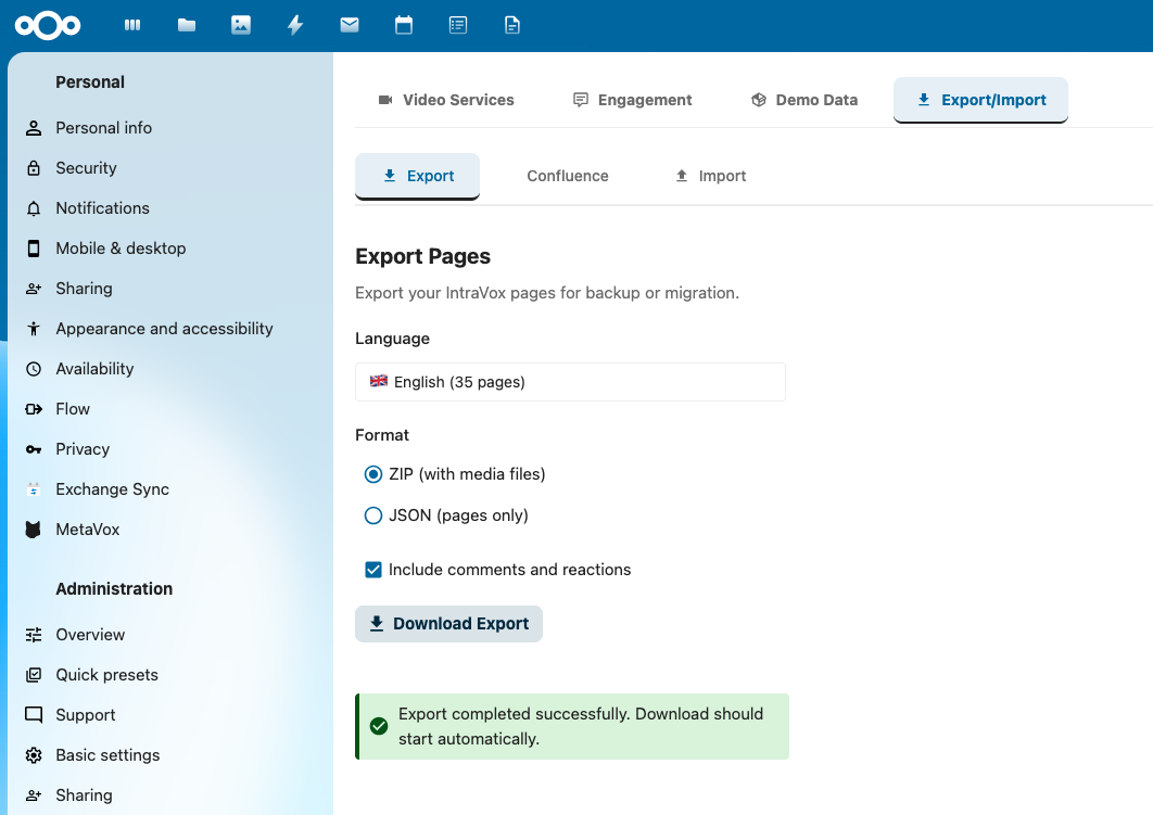 Export tab in the IntraVox admin settings