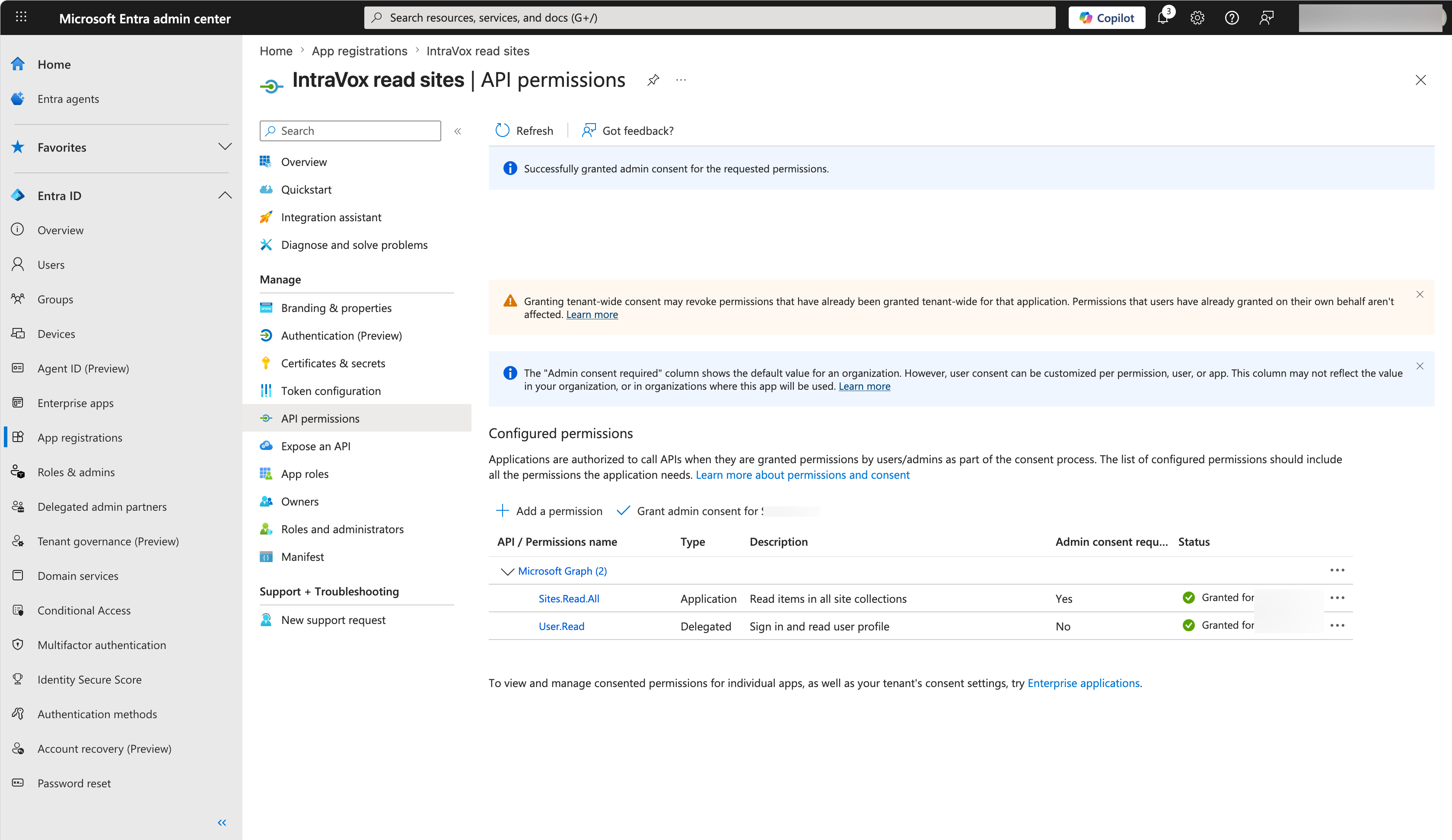 API permissions for IntraVox SharePoint integration