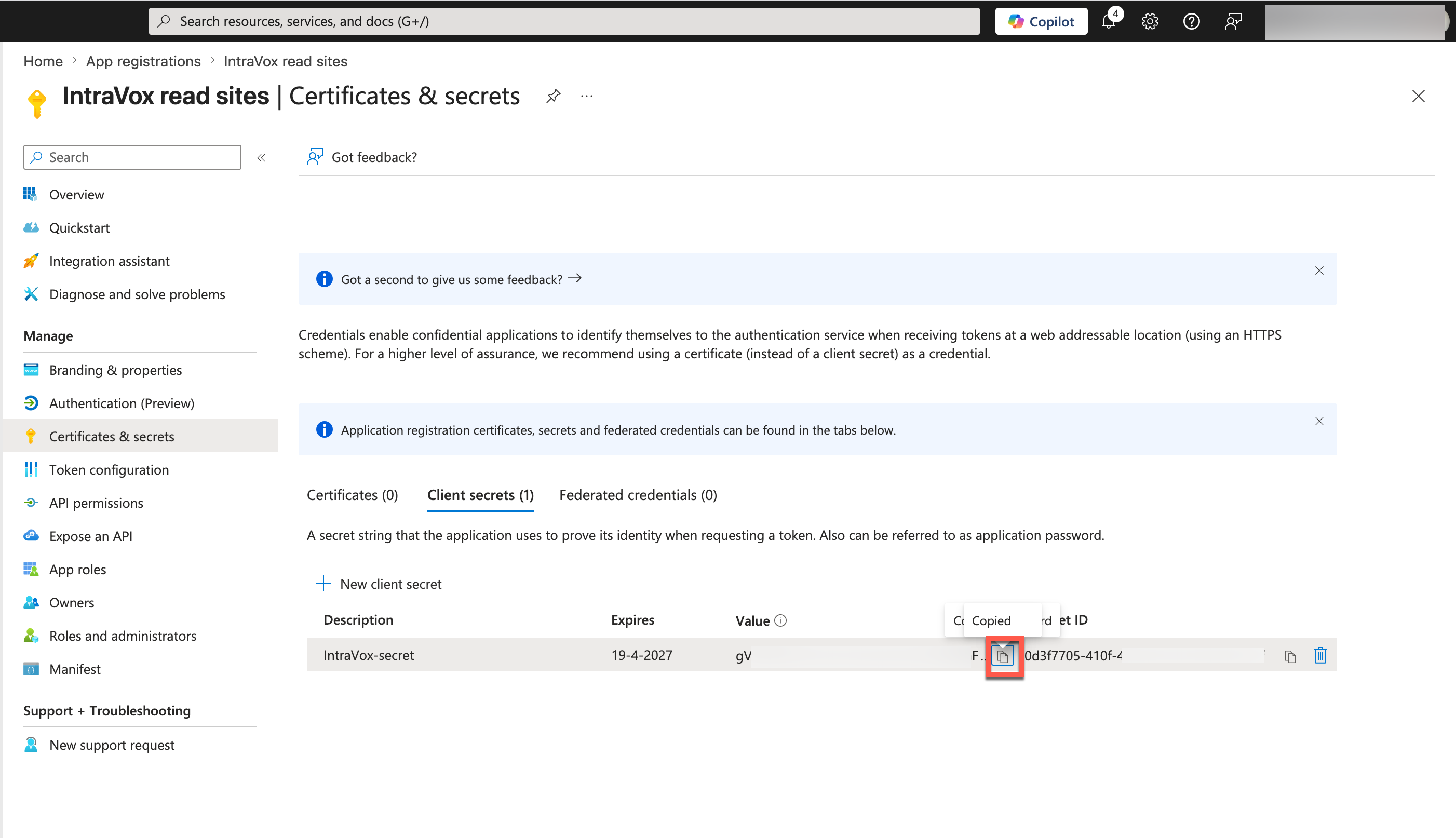 Creating a client secret in Microsoft Entra