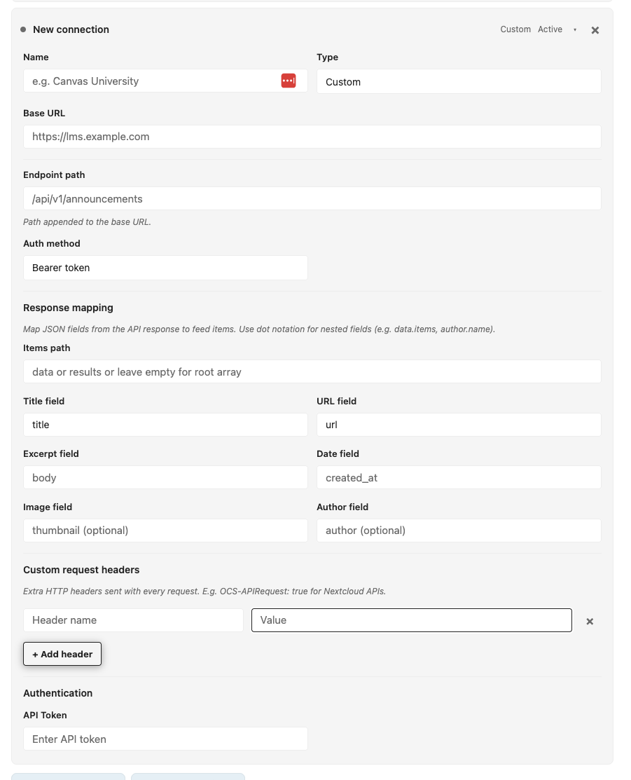Custom REST API connection configuration with response mapping and headers