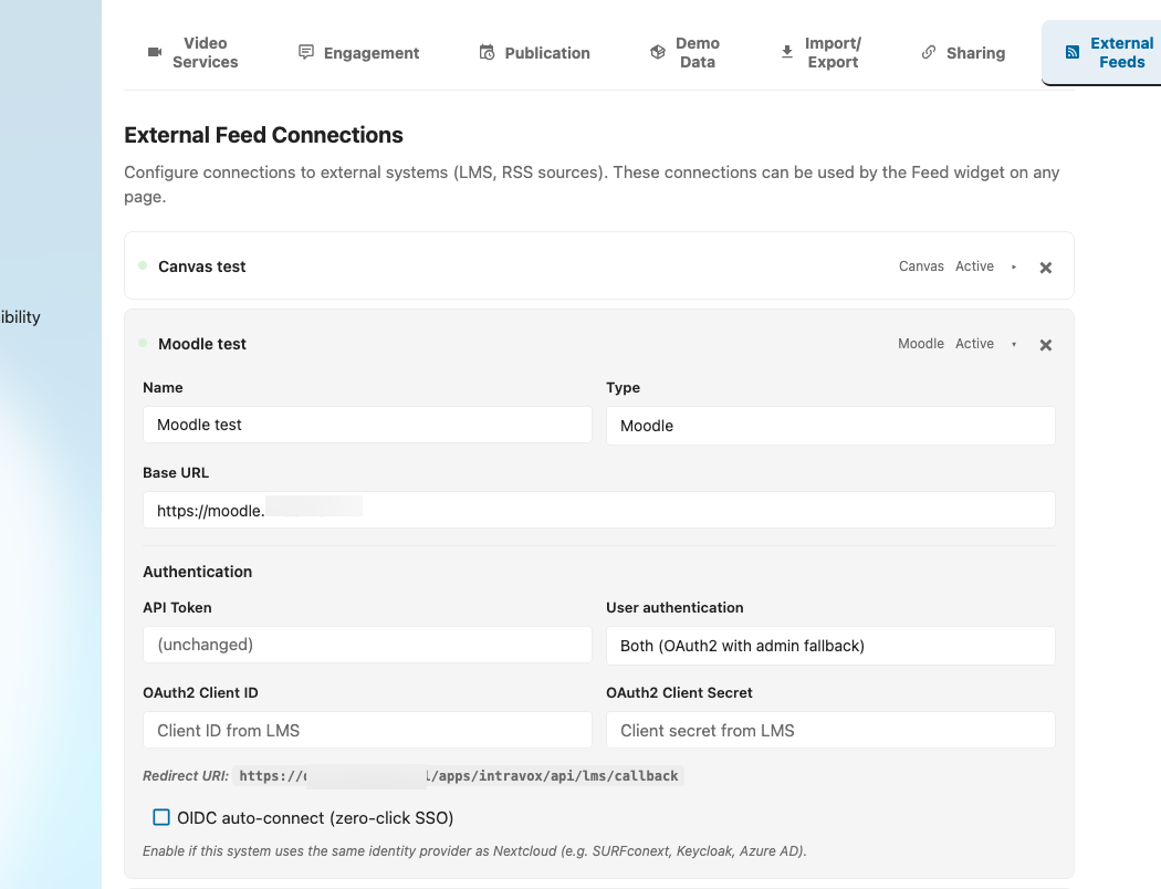 Moodle connection configuration in IntraVox Admin Settings