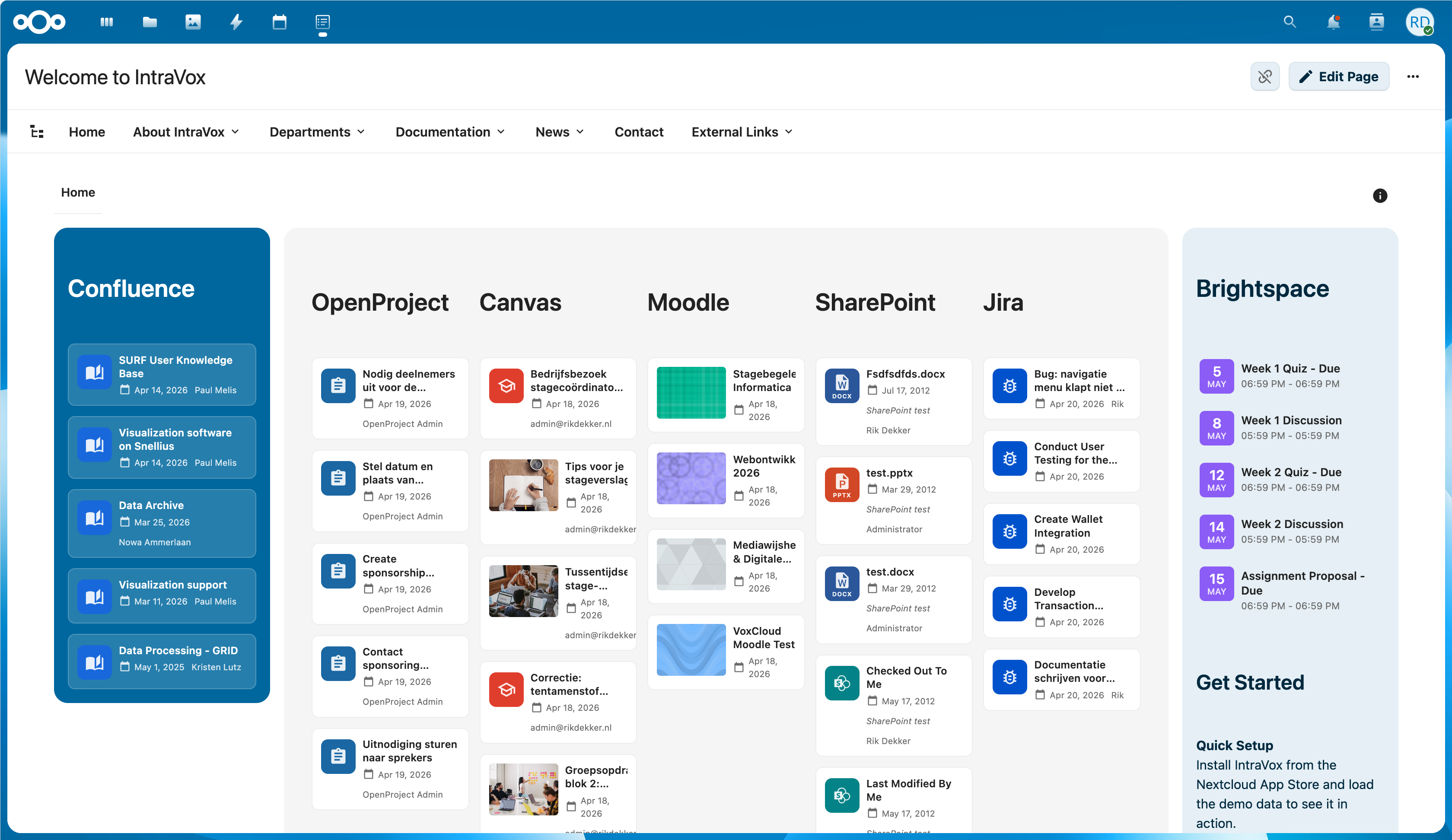 Feed widgets showing Confluence, OpenProject, Canvas, Moodle, SharePoint, Jira, Brightspace
