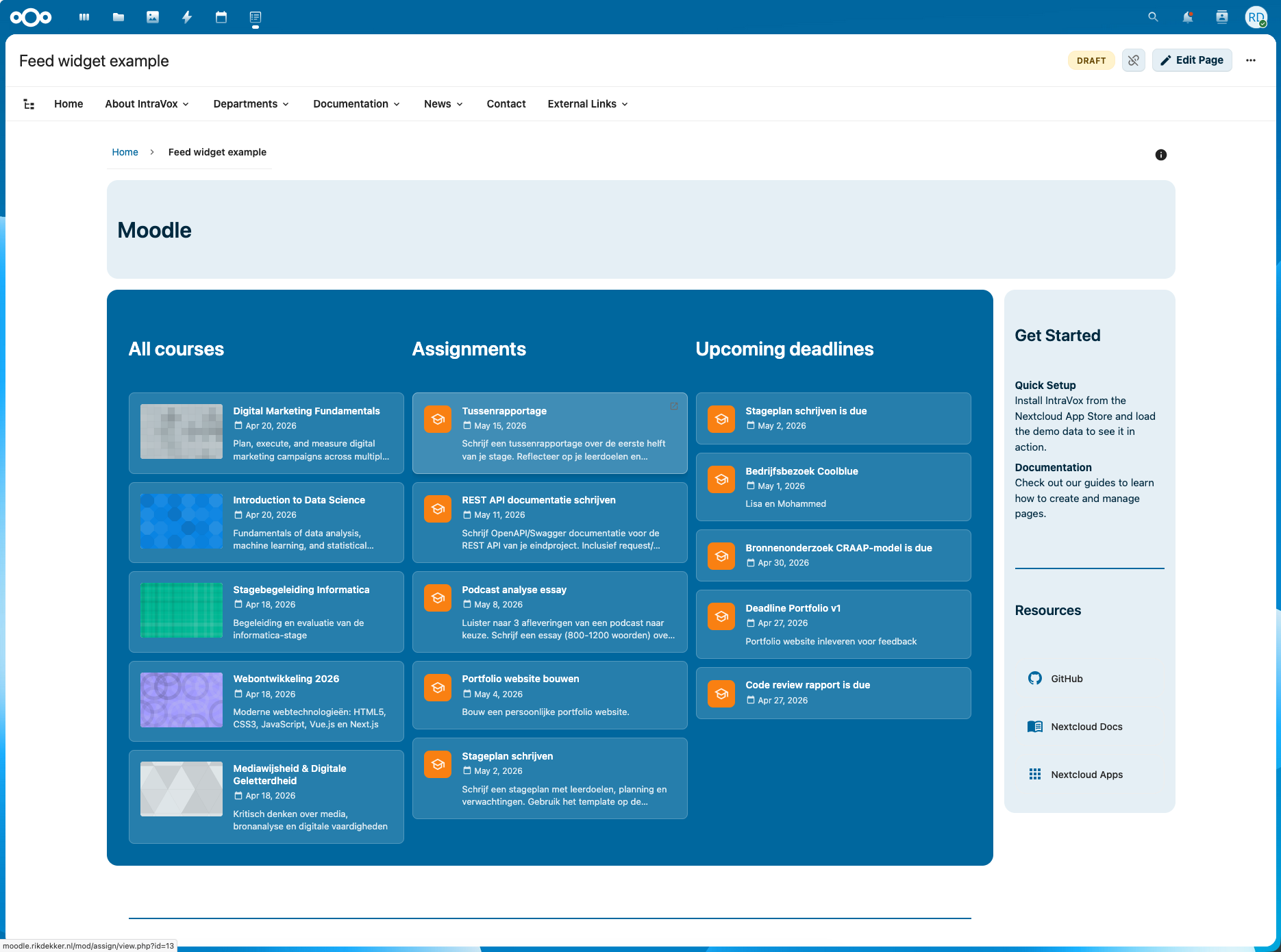 Three Moodle Feed widgets on one page: All courses, Assignments, and Upcoming deadlines