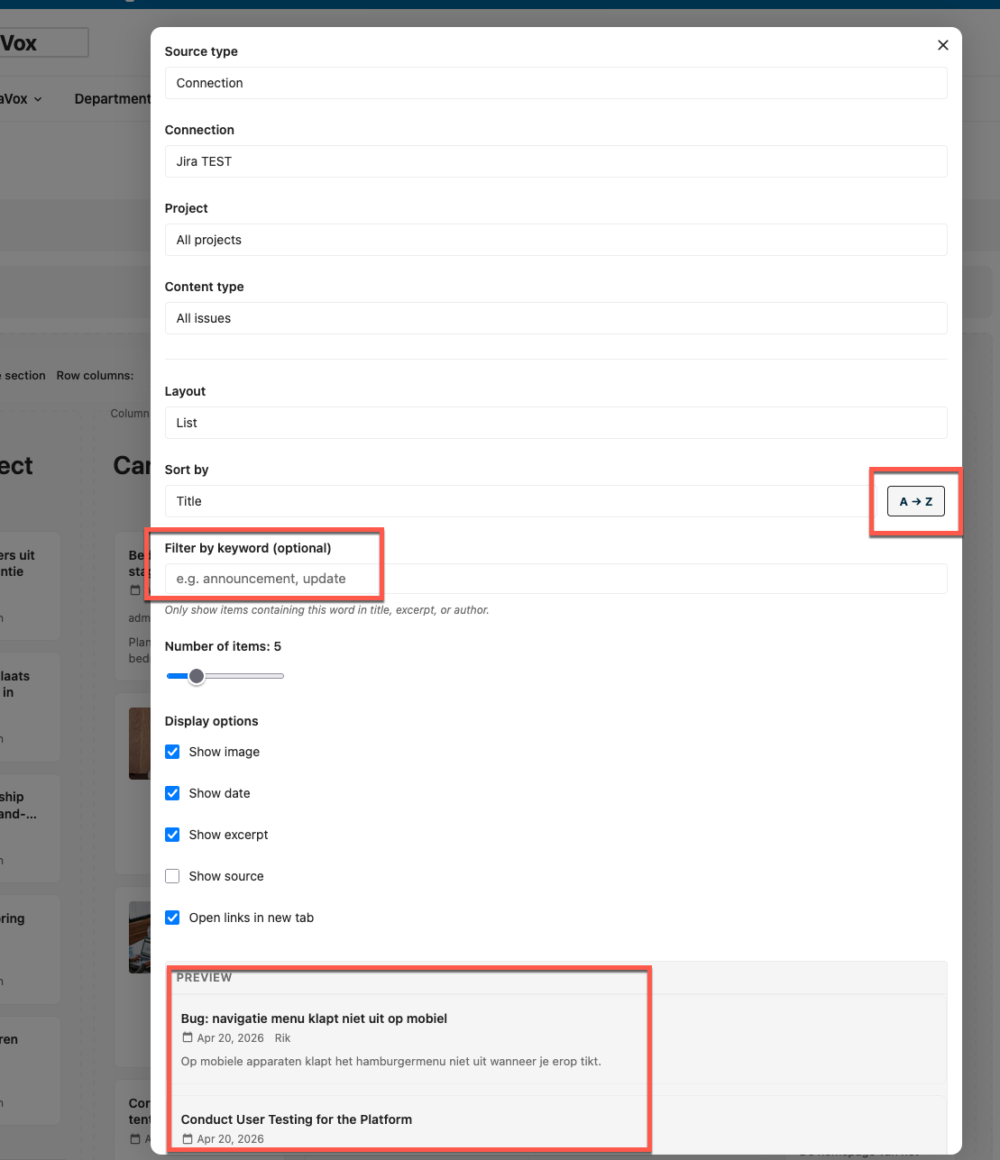 Widget editor with Jira connection, project selector, content type, sort, filter, and live preview