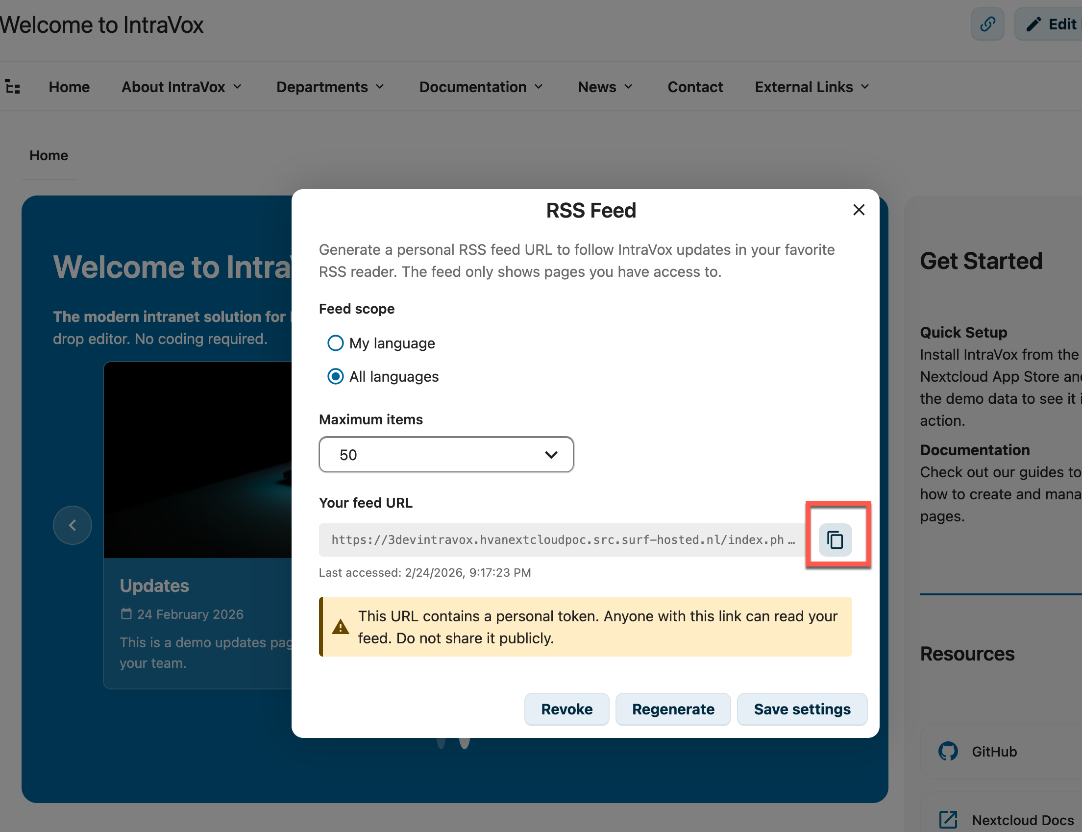 RSS Feed settings dialog