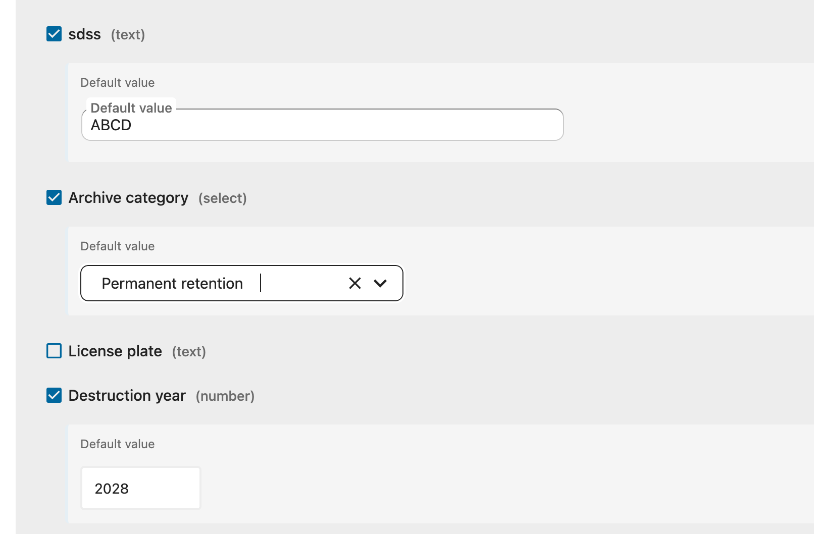 Setting default values per field on a Team folder