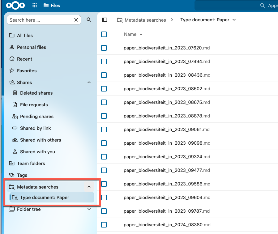 A saved search under Metadata searches in Files