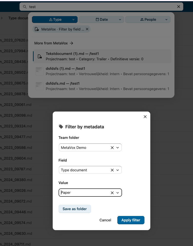 Filter by metadata picker and a MetaVox search result