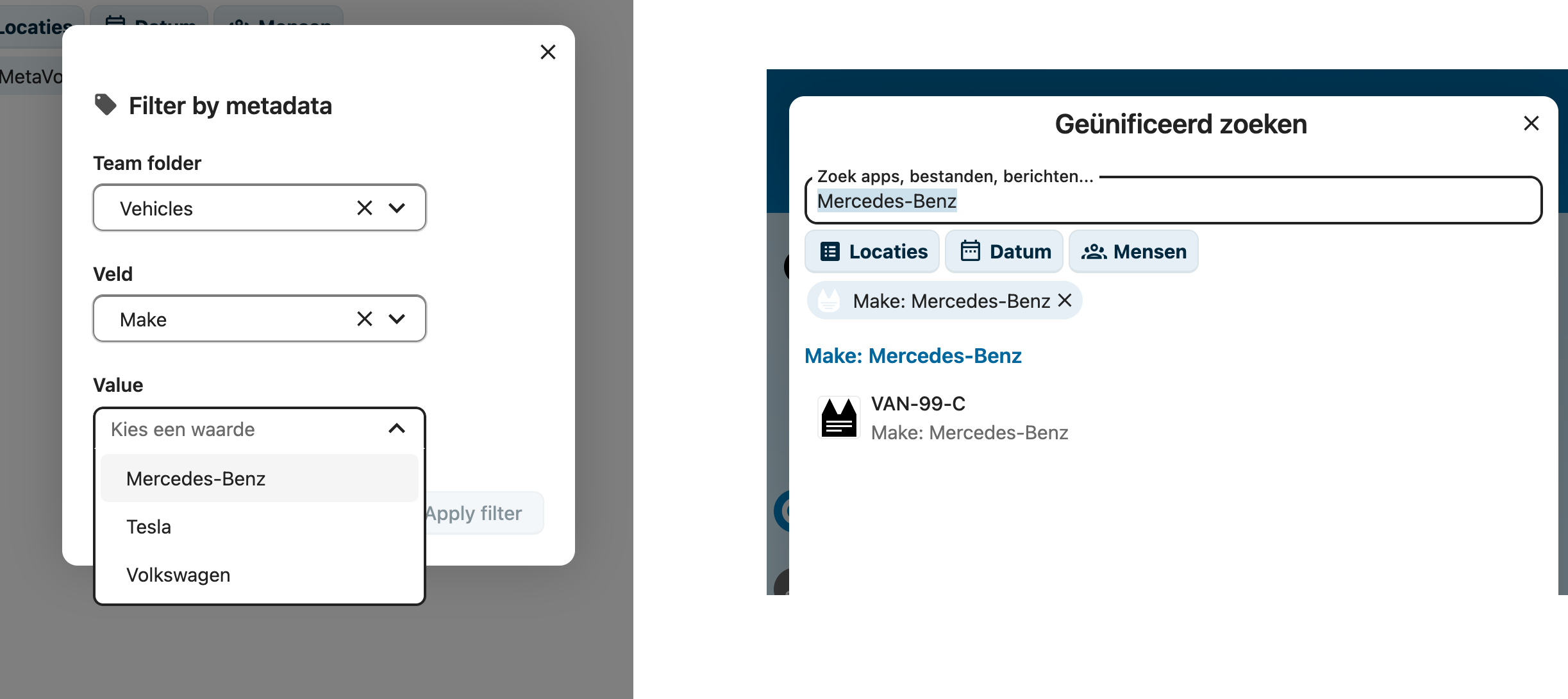 Filter by metadata picker and a MetaVox search result