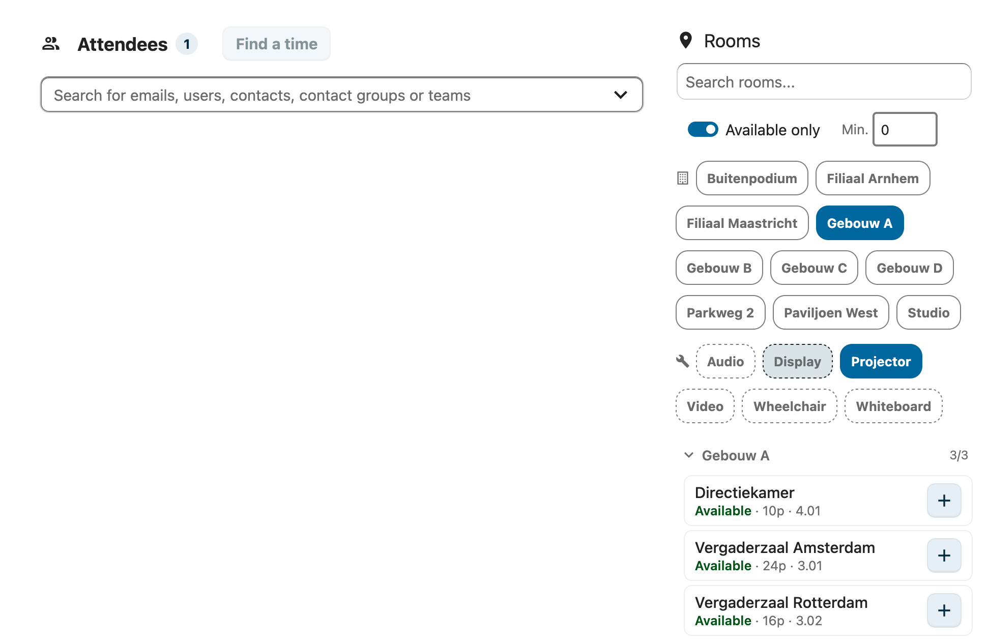 Room browser — all rooms grouped by building with filters