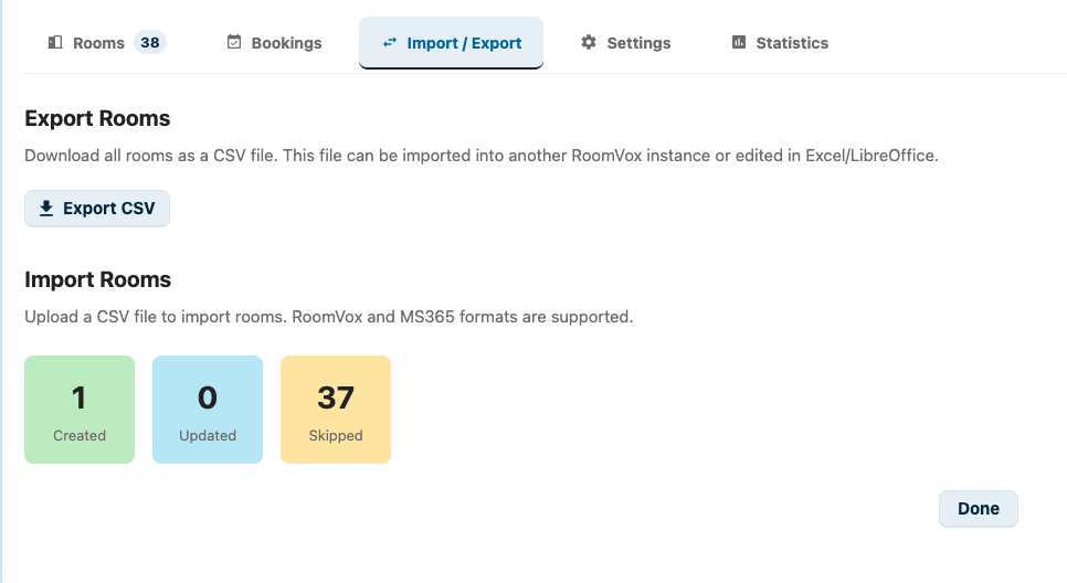 Import / Export tab — export and import rooms