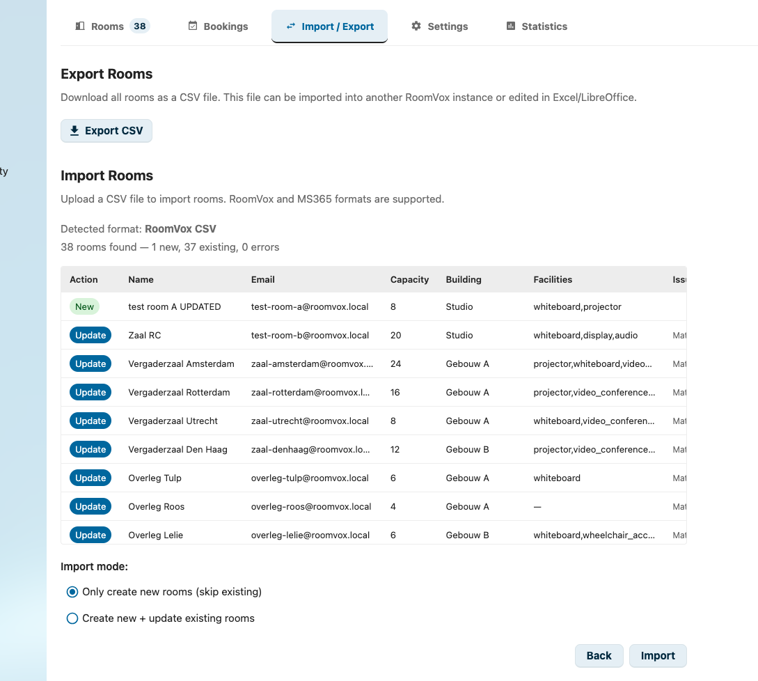 Import preview — detected format, per-row action, and validation