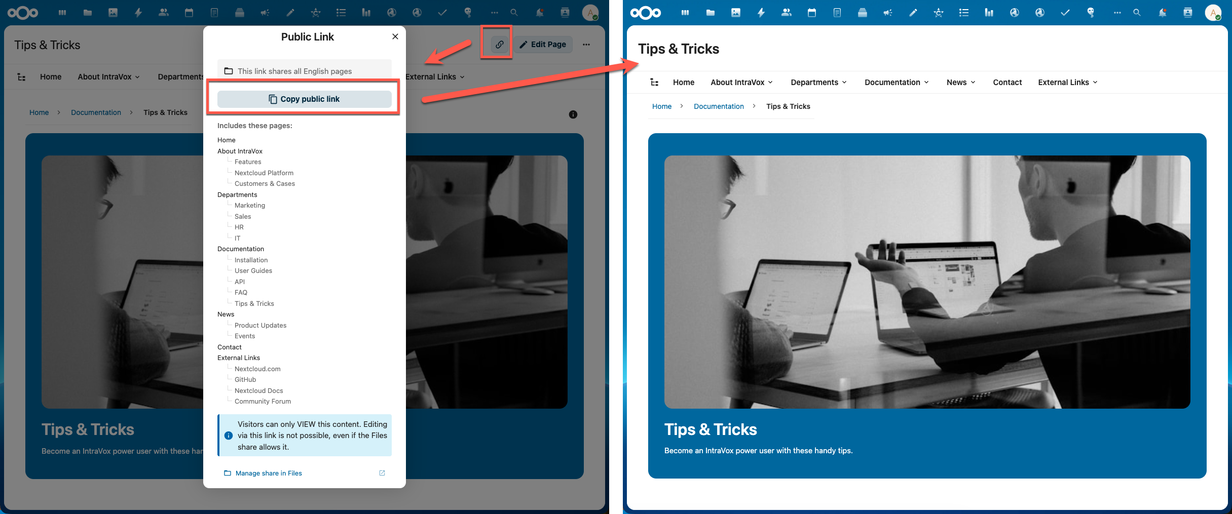 Publiek delen — share-dialoog en publieke pagina-view