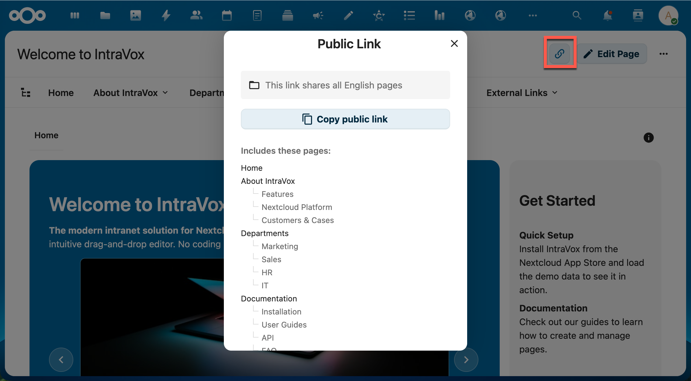 Share-knop actief — publieke-link-dialoog