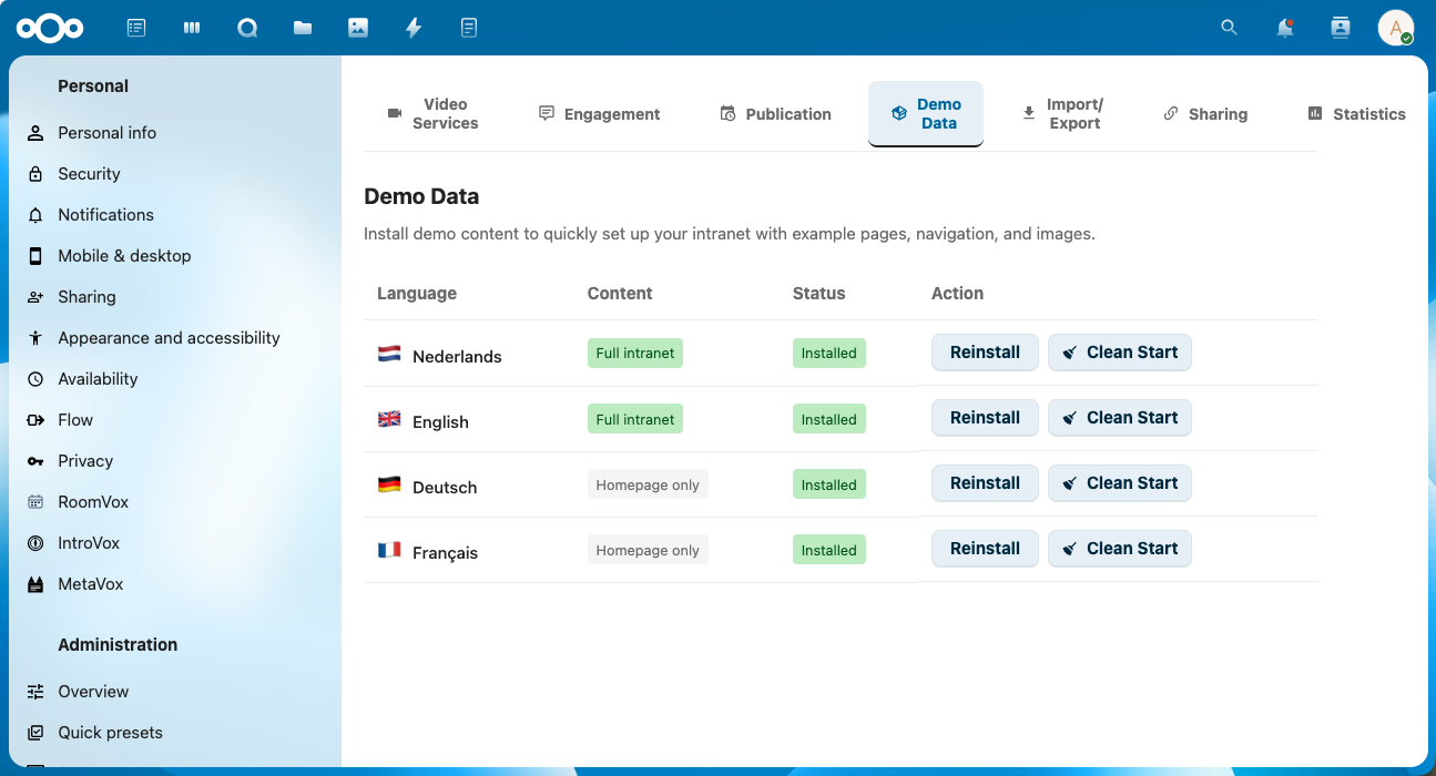 Demo-data-tab in de IntraVox-beheer-instellingen