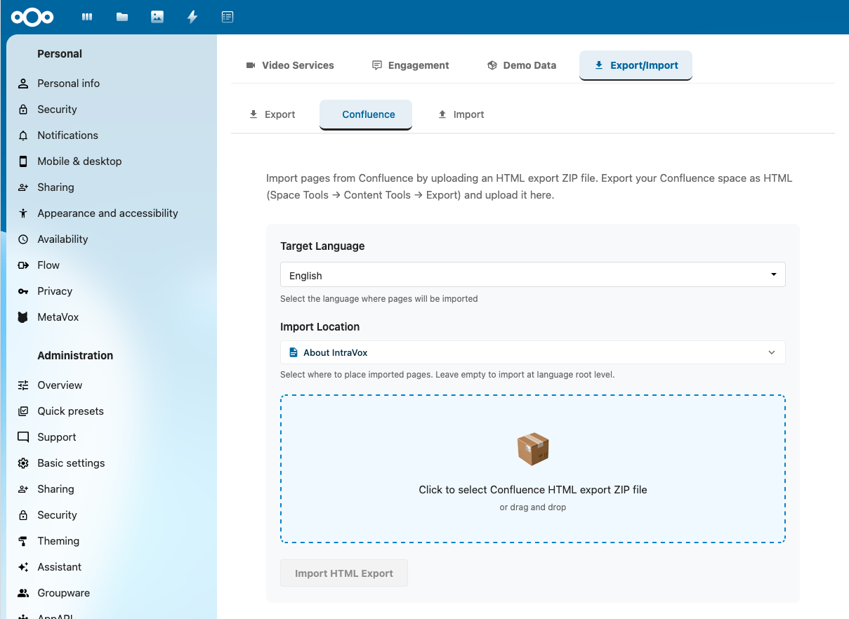 Confluence-import-paneel in IntraVox-beheerinstellingen
