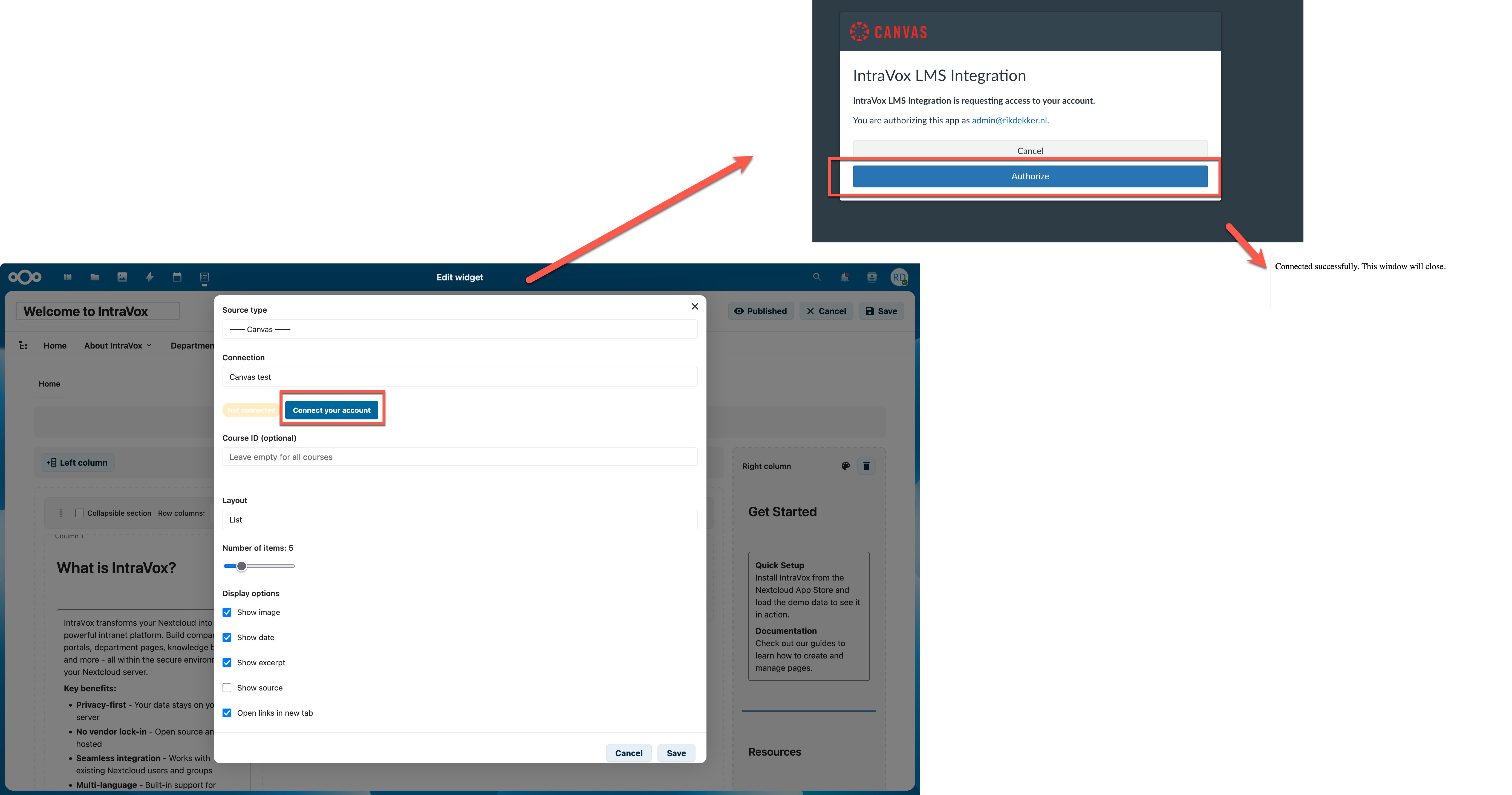 Canvas-OAuth2-connection-flow — Connect your account → Authorize → Connected