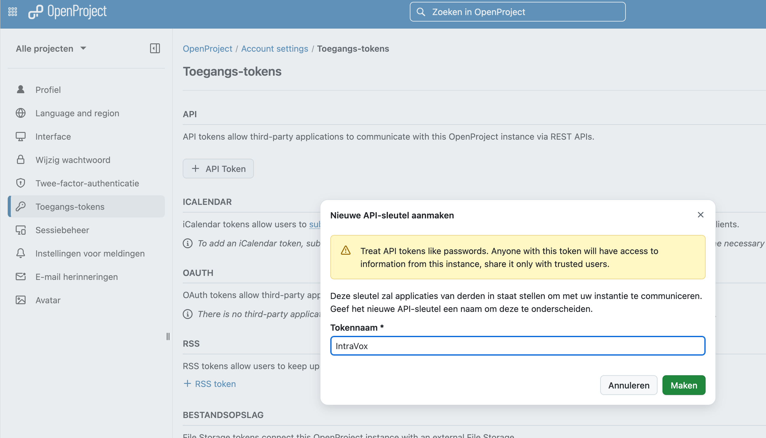 Een API-token aanmaken in OpenProject
