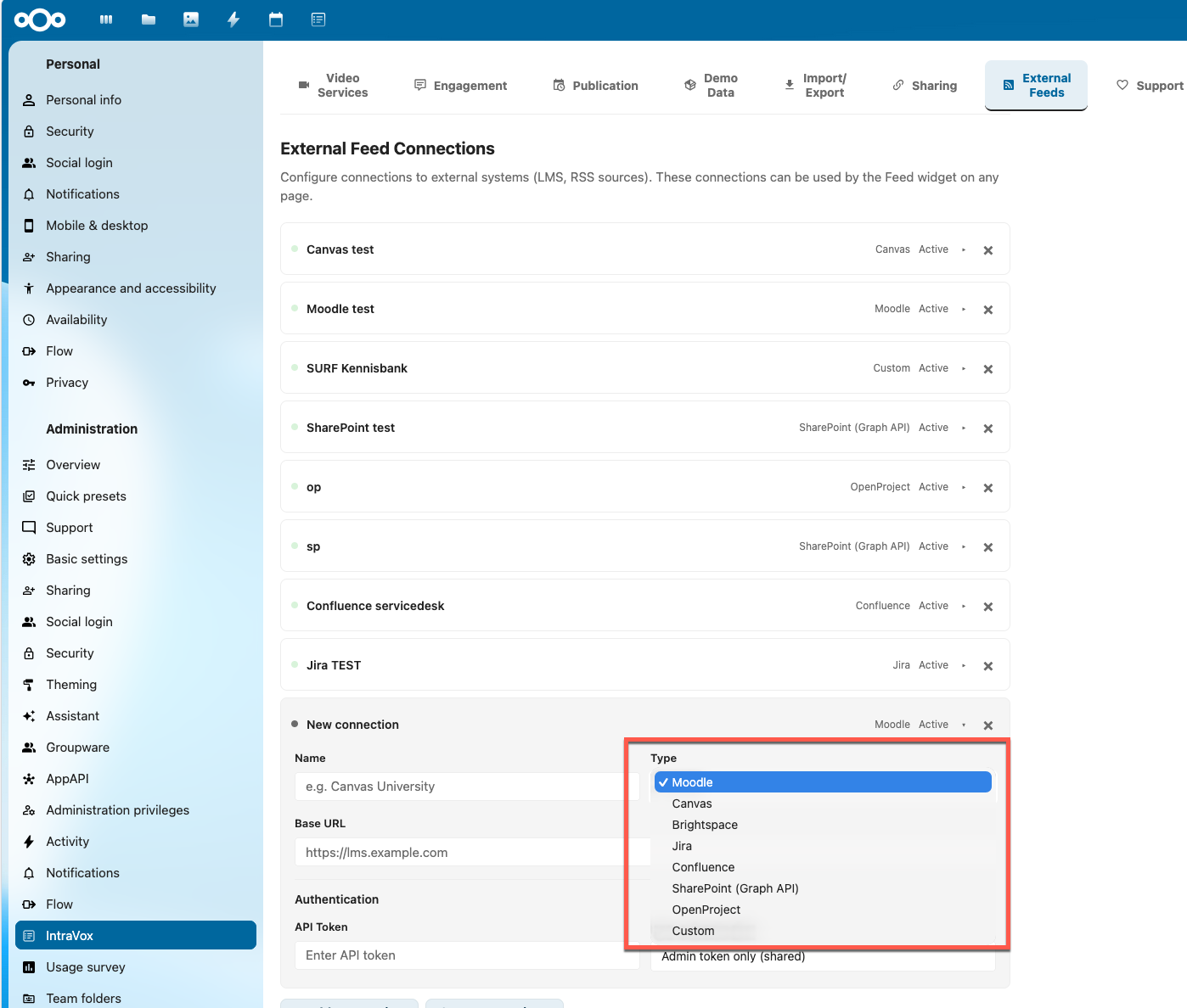 Beschikbare connection-presets in IntraVox-beheerinstellingen