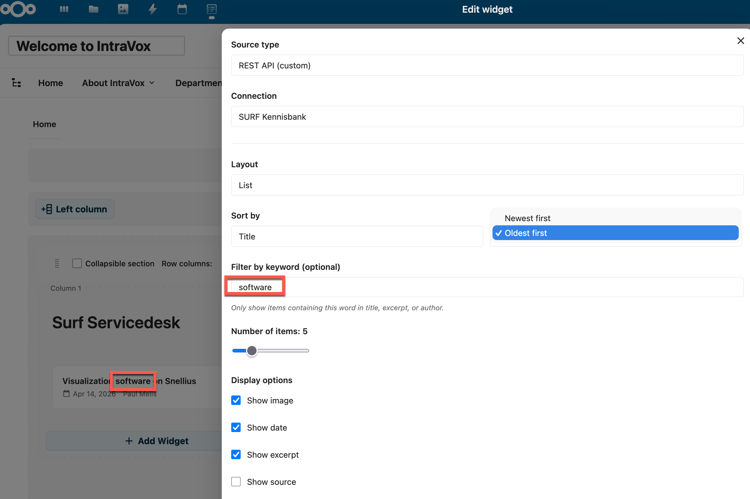 Trefwoord-filter en sorteer-volgorde in de widget-editor met live preview