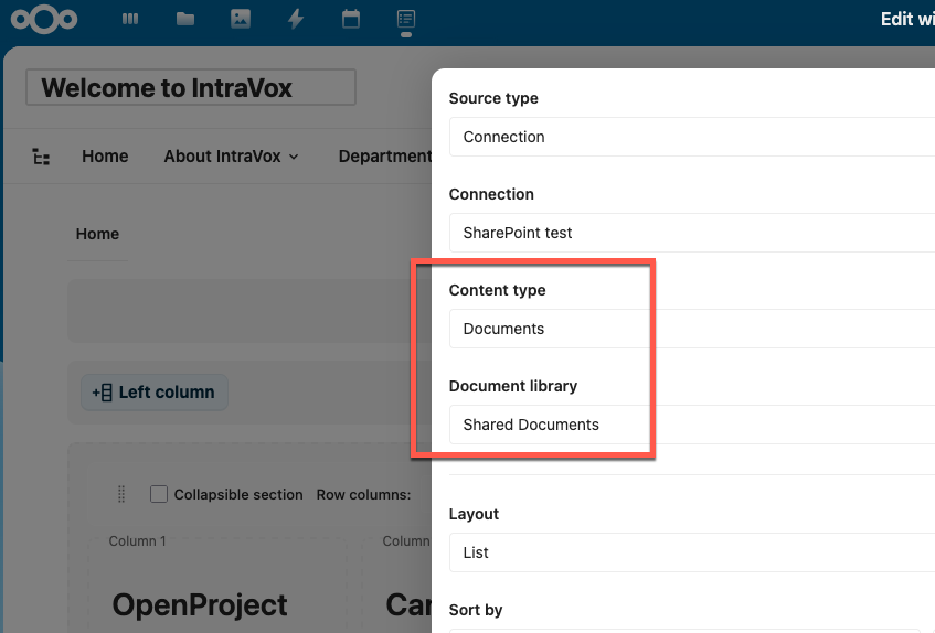 SharePoint-widget-editor met content-type en document-library-selector