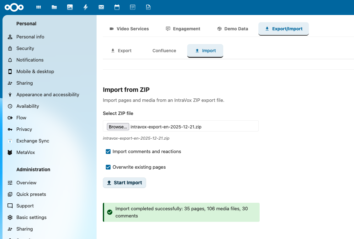 Import-tab in de IntraVox-beheer-instellingen