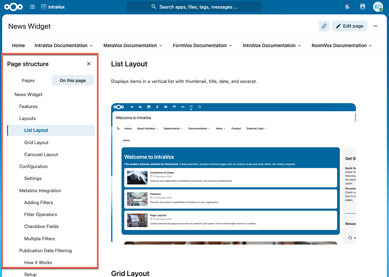 Het Paginastructuur-paneel open naast een pagina, met de tabs Pagina's en Op deze pagina