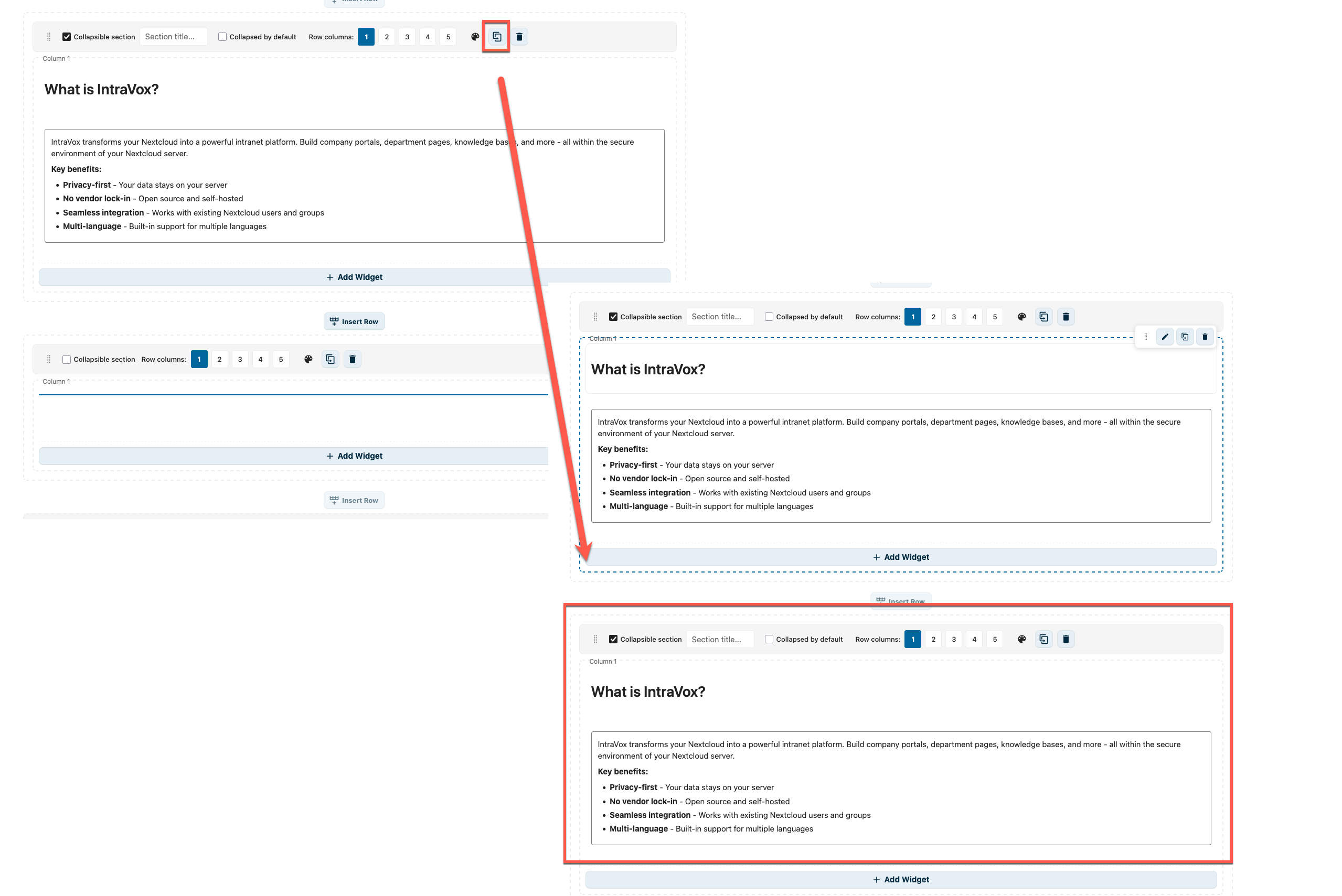 Dupliceer-knop in rij-controls