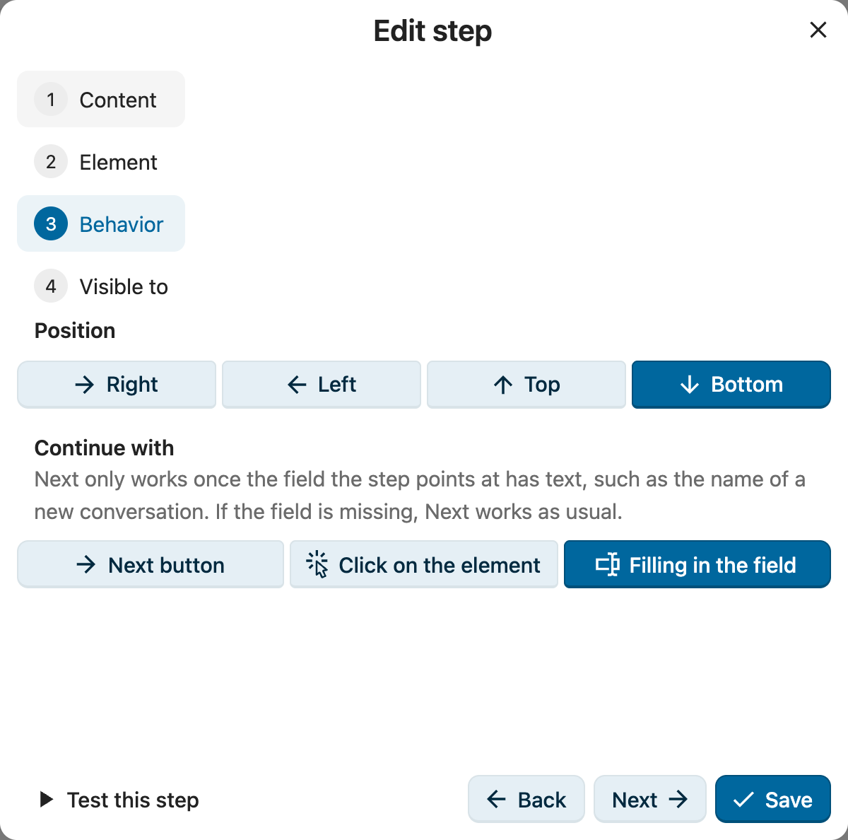 The Behavior page of the step editor: Position and Continue with