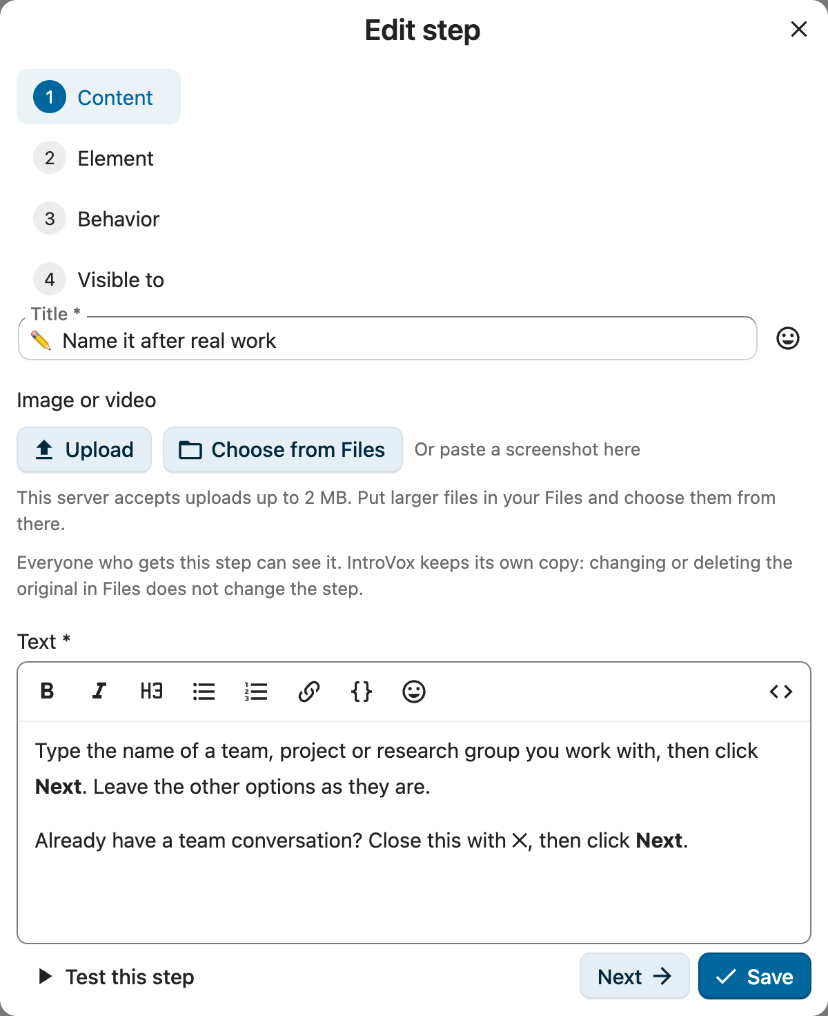 The Content page of the step editor: Title and Text