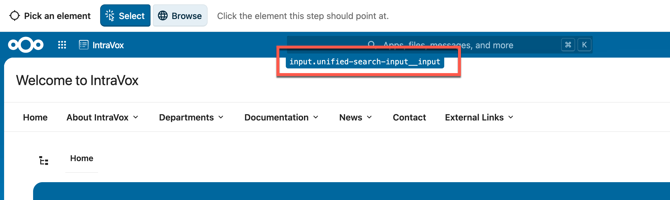 Picking an element: Select mode, with the selector for the element under the pointer