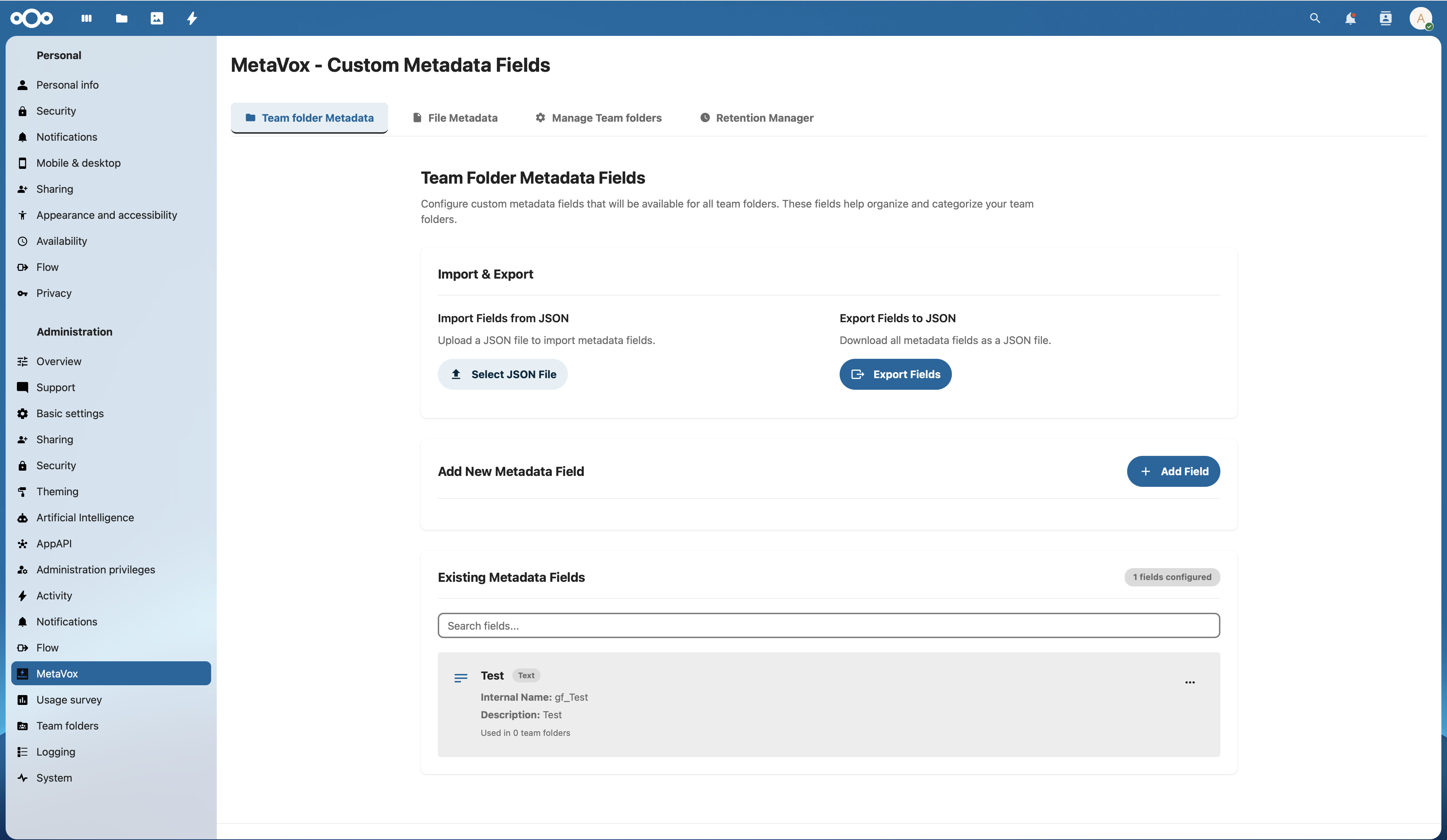 Team folder-metadata in de Nextcloud-zijbalk