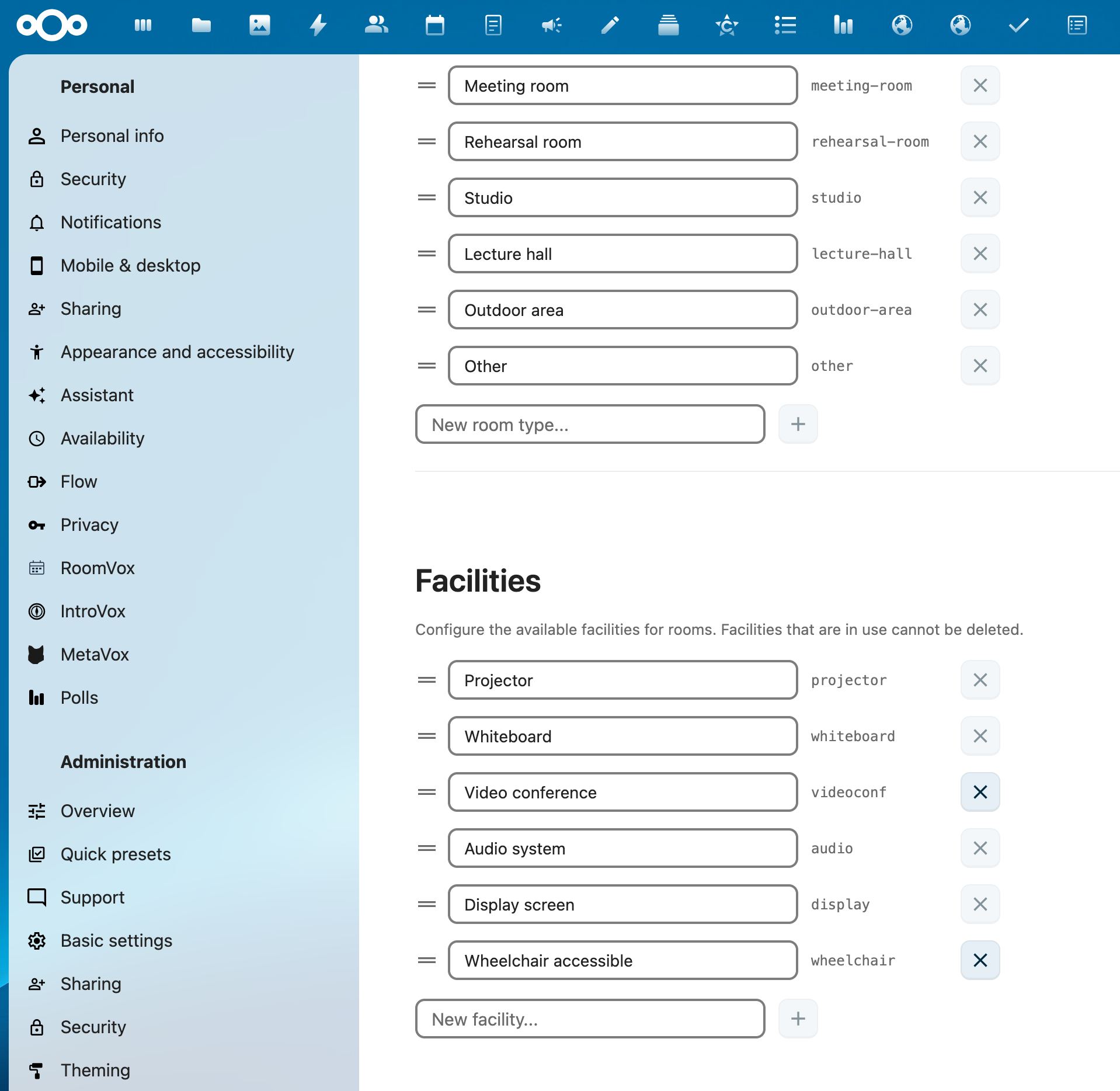 Instellingen — faciliteiten-configuratie